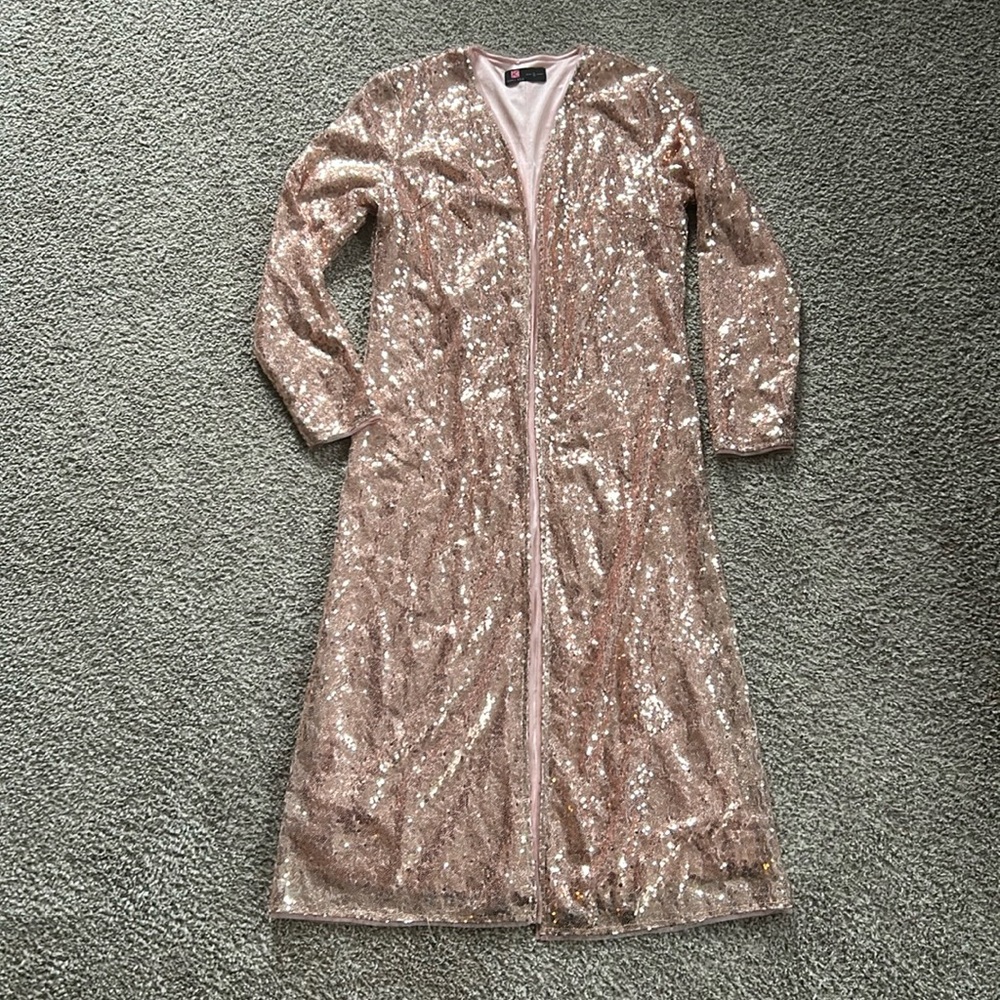 PINK Champagne Sequin SMAL Kancy Kole Long Cardigan